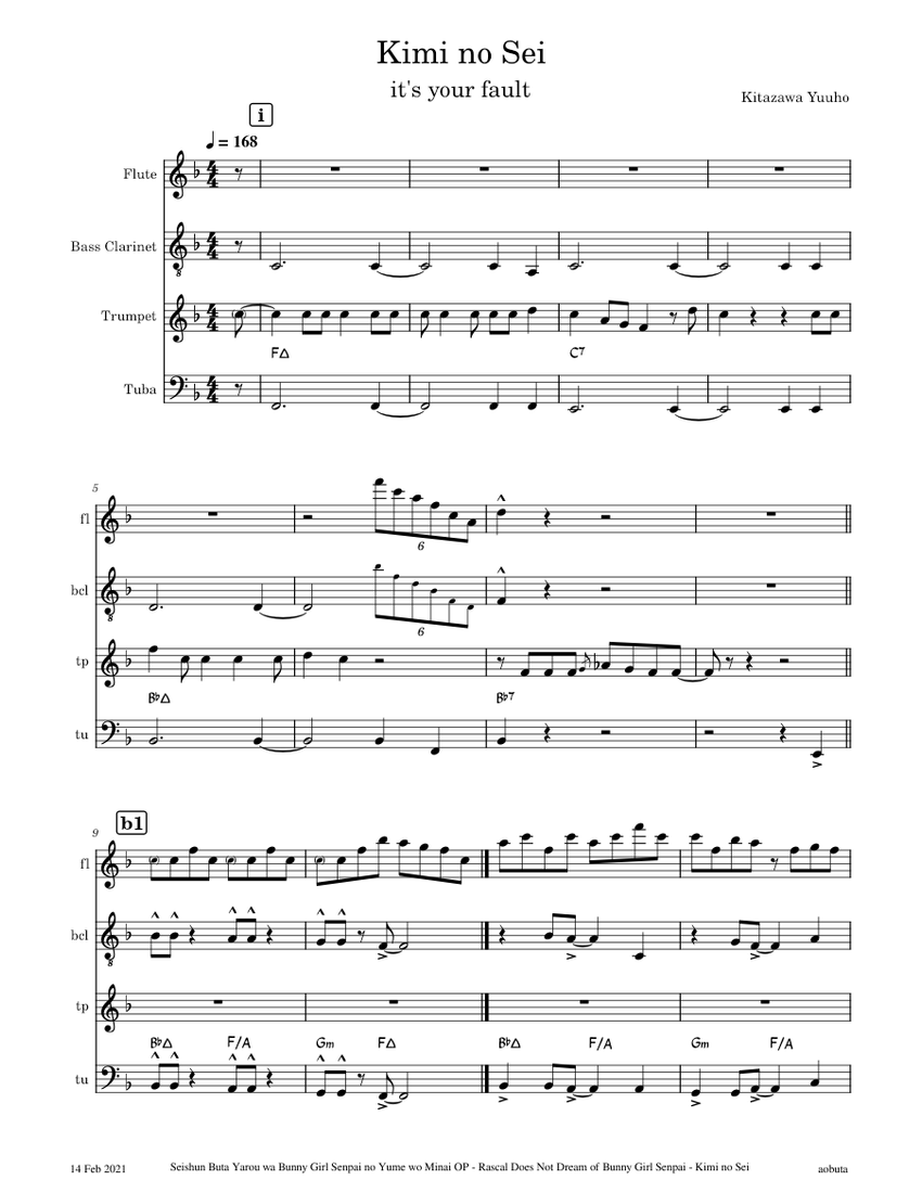 Kimi no Sei The Peggies Sheet music for Tuba, Flugelhorn,