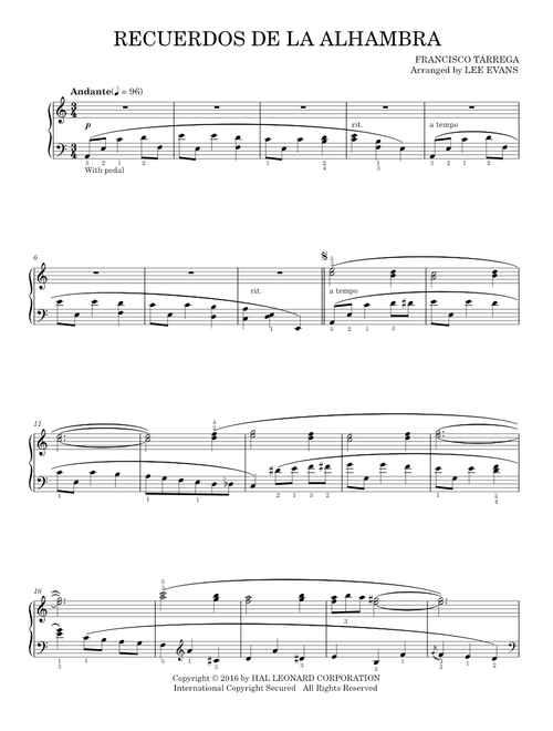 Recuerdos de la Alhambra - Francisco Tárrega (Piano Solo)