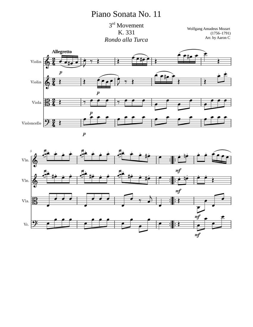 Piano Sonata No. 11 K. 331 3rd Movement Rondo alla Turca