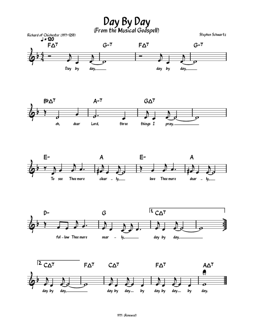 Day By Day from Godspell Lead Sheet With Lyrics Sheet Music With Day by day from godspell lead sheet with lyrics sheet music with