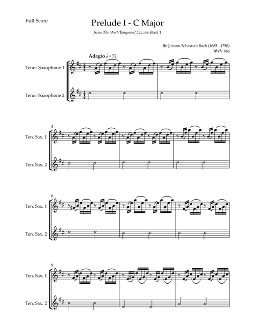 Prelude 1 in C Major BWV 846 (from Well-Tempered Clavier Book 1) for Tenor Saxophone Duo (Arr. Fabio Britto) - Johann Sebastian Bach (Tenor Sax Duet)