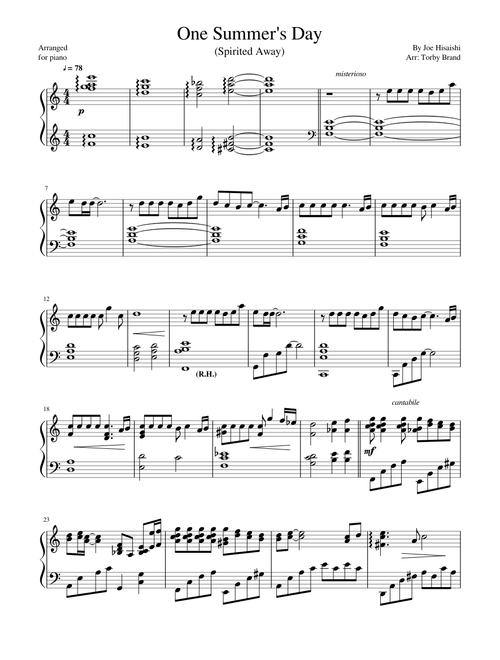 One Summer's Day (Spirited Away) – Joe Hisaishi sheet music arranged by Torby Brand for Solo