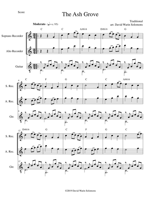 The Ash Grove (Llwyn Onn) for soprano and alto recorders and guitar (Arr. David Warin Solomons) - Traditional (Small Ensemble)