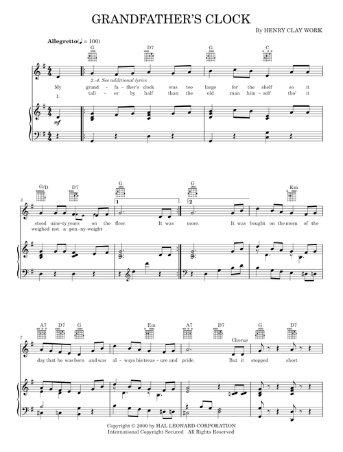 Grandfather's Clock - Henry Clay Work (Piano-Vocal-Guitar)
