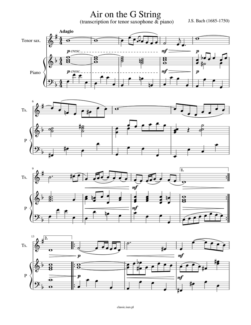 Air in G String Johann Sebastian Bach Sheet music for Piano Saxophone tenor Mixed Duet Musescore