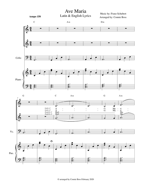 Ave Maria - duet Latin and English lyrics incl for flute or violin or cello, voice duet and piano (Arr. Connie Boss) - Franz Schubert (Small Ensemble)