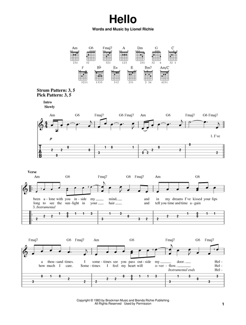 Hello - Lionel Richie, Glee (TV Series) (Easy Guitar with TAB)