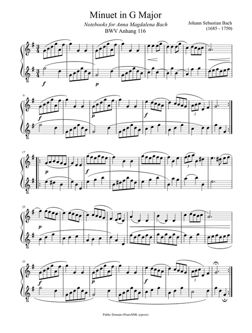 Minuet in G Major BWV Anh.116 - arr for G-clef piano (GCP)