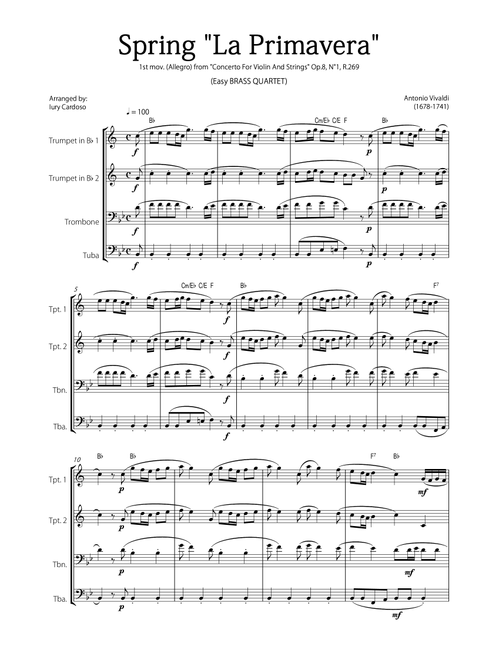 "Spring" (La Primavera) by Vivaldi - Easy version for BRASS QUARTET (Arr. Iury Cardoso) - Antonio Vivaldi (Brass Ensemble)