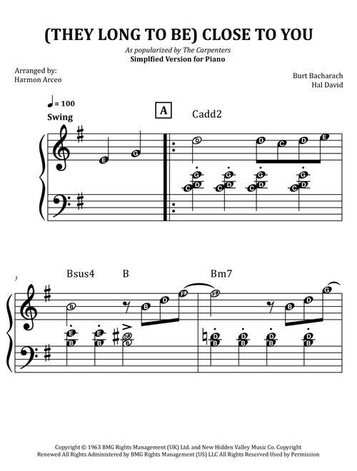 (They Long To Be) Close To You (Arr. Harmon Arceo) - The Carpenters (Easy Piano)