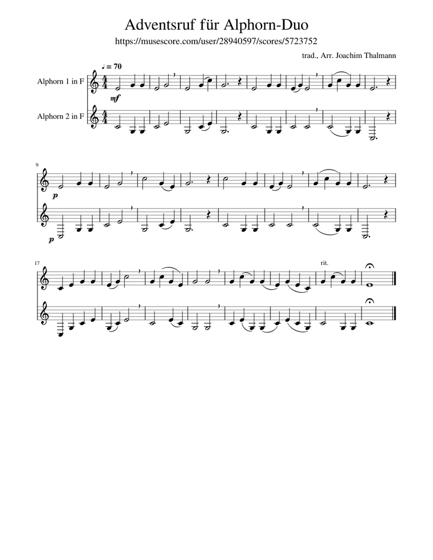 Adventsruf fur Alphorn Duo Sheet music for French horn Brass Duet Musescore