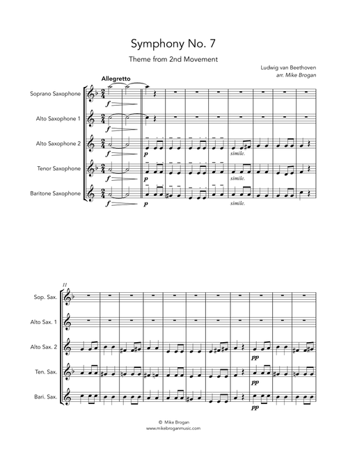 Beethoven 7th Symphony, 2nd Mvt. - for SAATB saxophone quintet (Arr. Mike Brogan) - Ludwig van Beethoven (Woodwind Ensemble)