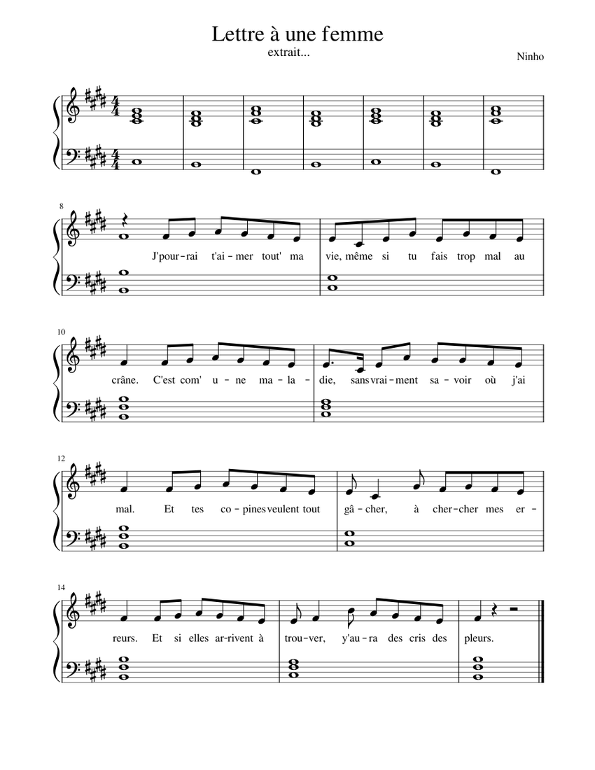 Lettre à une femme (extrait) Sheet music for Piano (Solo)