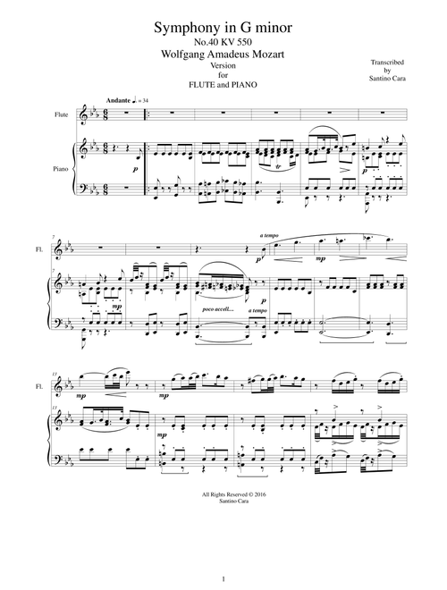 Mozart - Symphony in G minor No.40 mov. 2 Andante -Flute and Piano (Arr. Santino Cara) - Mozart Wolfgang Amadeus (Instrumental Duet)