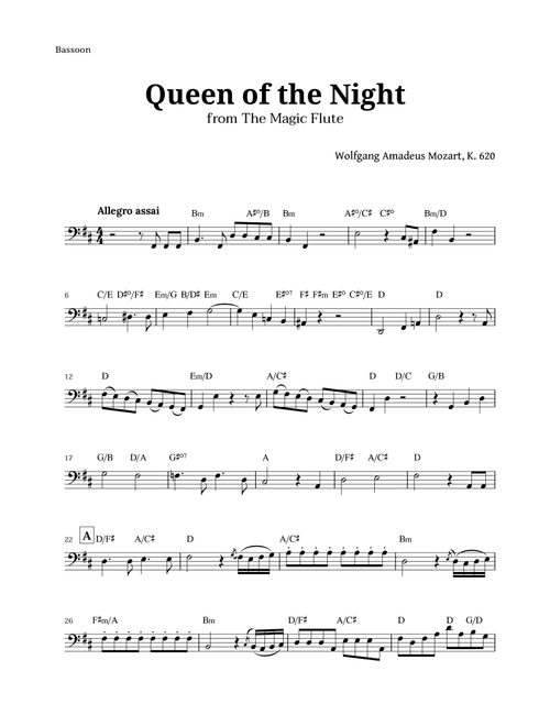 Queen of the Night by Mozart for Bassoon with Chords (Arr. Langanho) (Bassoon Solo)