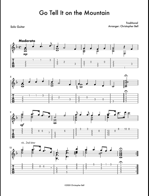 Go Tell It on the Mountain - Guitar Chord Melody (Arr. Christopher Bell) - Traditional (Guitar Tab)