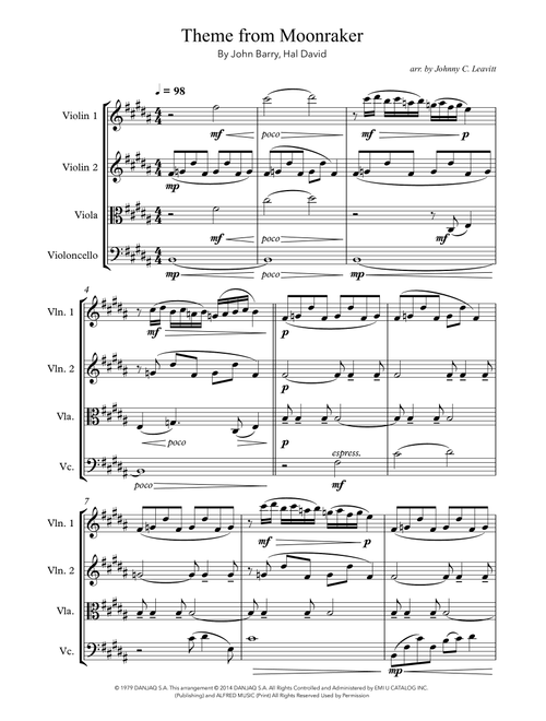 Moonraker (Arr. Johnny C. Leavitt) - Shirley Bassey (String Quartet)