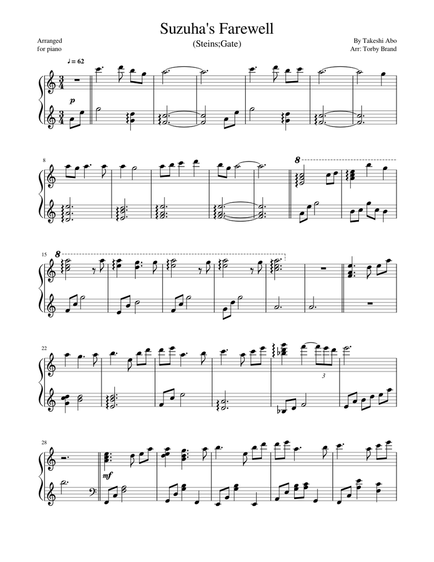 Suzuha's Farewell (Wakare) - Steins;Gate Sheet Music for Piano