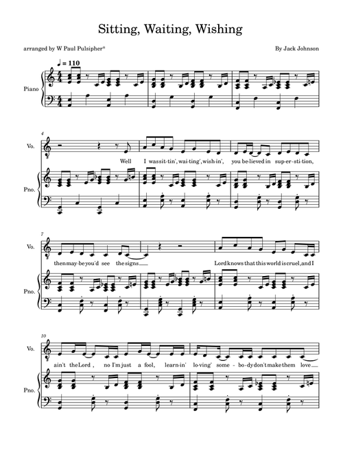 Sitting, Waiting, Wishing (Arr. W Paul Pulsipher) - Jack Johnson (Piano Vocal)