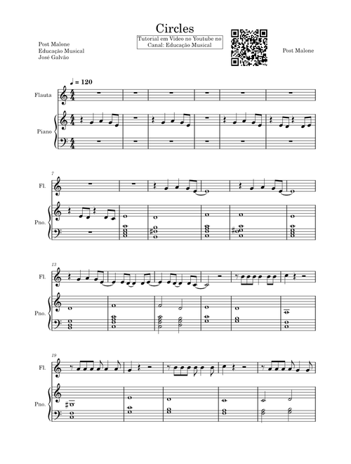 Circles – Post Malone - Partitura Piano e Flauta - Educação Musical - José Galvão