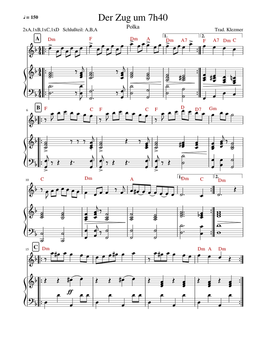 Der Zug um 7:40 Sheet Music with Chords for Piano, Accordion