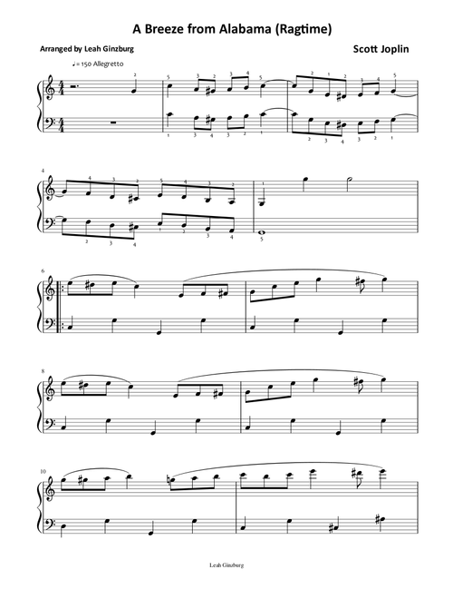 "A Breeze From Alabama" by Scott Joplin, easy version by Leah Ginzburg (Easy Piano)