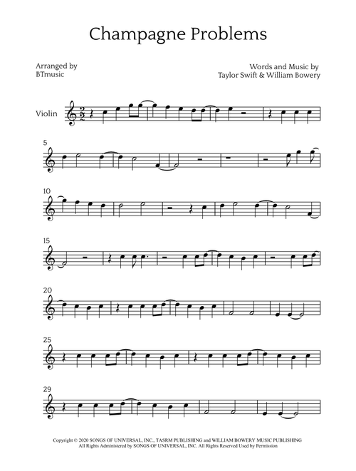 Champagne Problems (Arr. BTmusic) - Taylor Swift (Violin Solo)