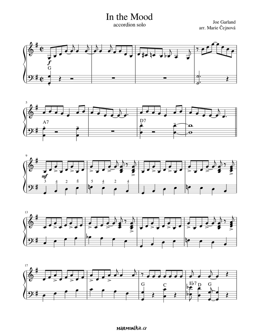 In the Mood Sheet Music with Chords for Accordion (Solo