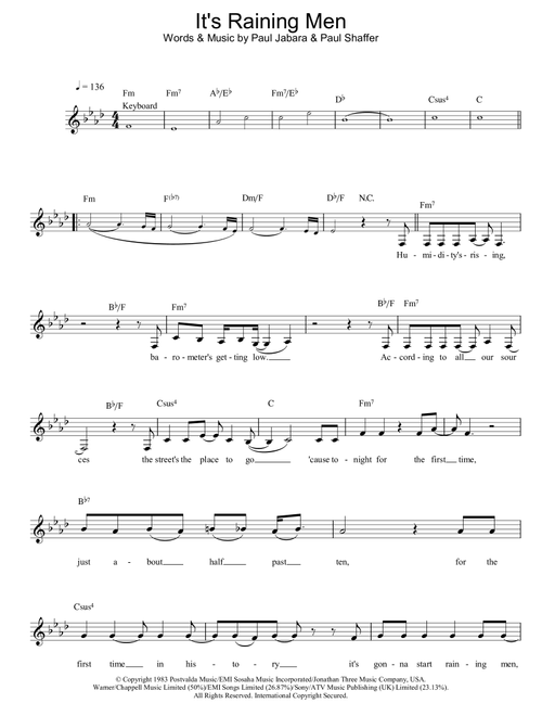 It's Raining Men - Geri Halliwell, The Weather Girls (Lead Sheet - Fake Book)