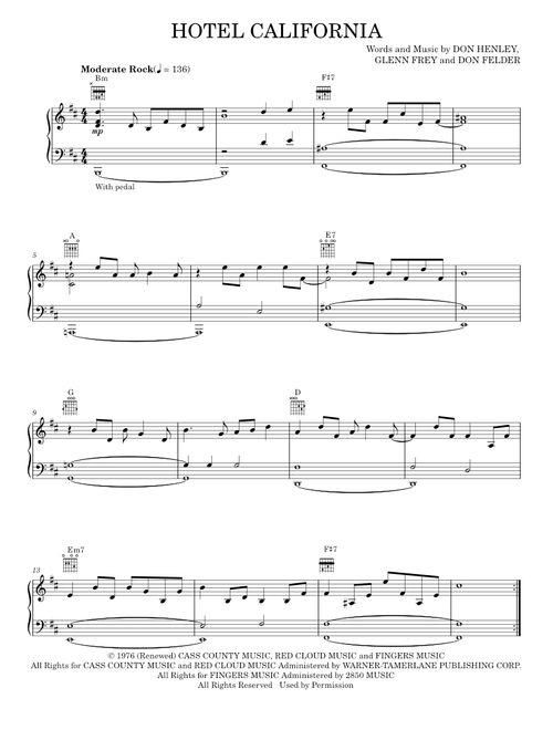 Hotel California - Eagles (Piano-Vocal-Guitar)
