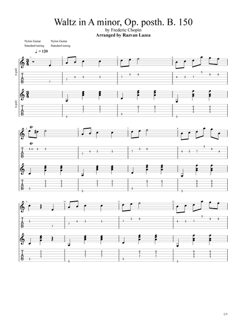 Frederic Chopin - Waltz in A minor, Op. posth. B. 150 - Guitar Duet (Arr. Razvan Lazea) (Guitar Tab)