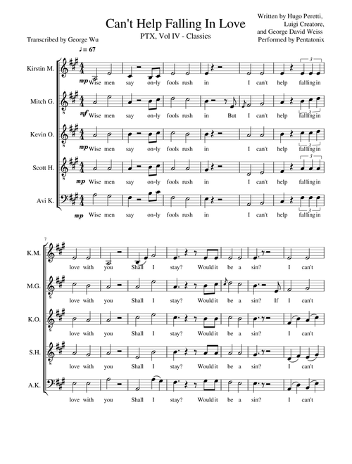 Can't Help Falling In Love - Pentatonix (Full Sheet Music w/ Lyrics)