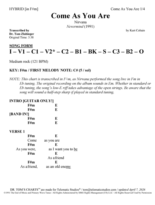 Come As You Are (Arr. Dr. Tom Zlabinger / Dr. Tom's Charts / in F#m (Eb tuning / live version)) - Nirvana (Guitar Chords-Lyrics)