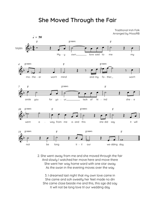 She Moved Through the Fair - Violin in F with Chords and Lyrics - Easy (Arr. MissoRB) - Traditional Irish Folk Song (Violin Solo)