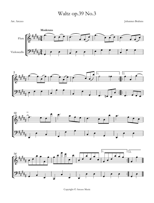 brahms waltz op 39 no 3 Flute and Trombone sheet music (Arr. Arezzo Music) - Johannes Brahms (Instrumental Duet)