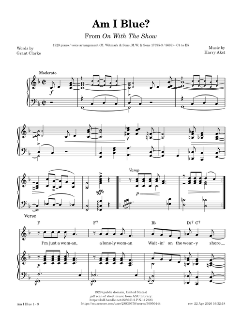 Am I Blue? – Harry Akst, Grant Clarke [1929 piano / vocal arr. + lead sheet]