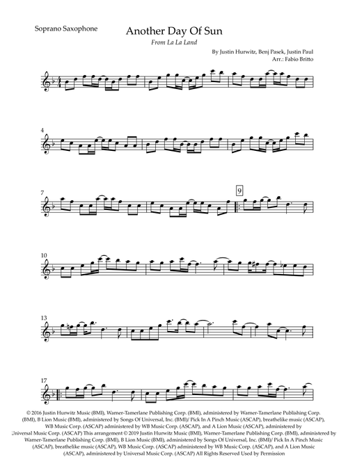 Another Day Of Sun (Arr. Fabio Britto) - Justin Hurwitz, Benj Pasek, Justin Paul (Soprano Sax Solo)