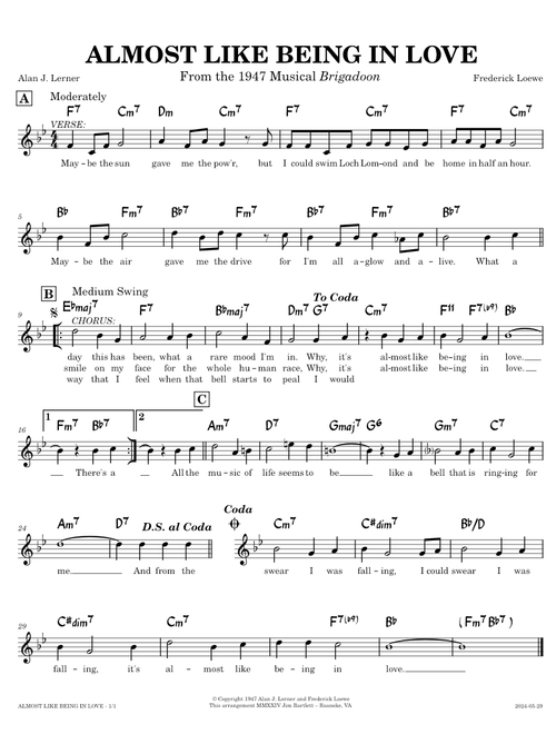 Almost Like Being In Love [lead sheet] – Frederick Loewe, Alan J. Lerner