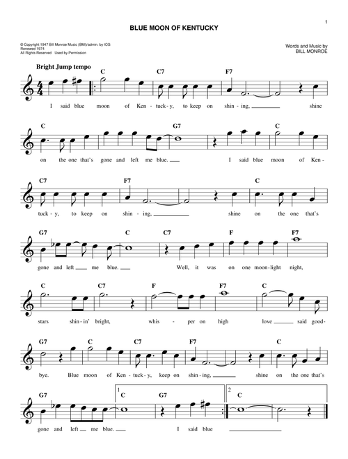 Blue Moon Of Kentucky - Elvis Presley, Bill Monroe, Patsy Cline (Easy Lead Sheet - Fake Book)