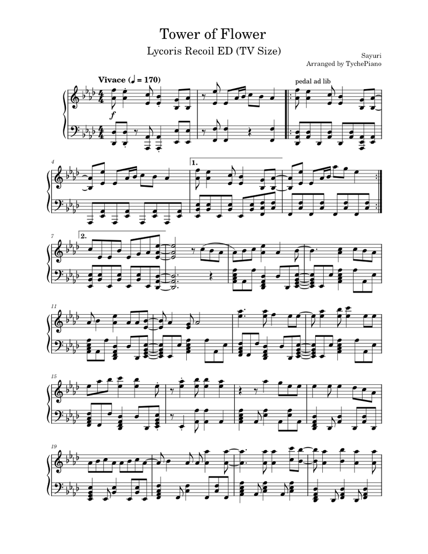 Tower of Flower Sayuri Lycoris Recoil ED Piano (TV SIze) Sheet music for Piano (Solo