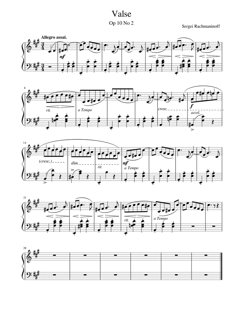Waltz Op 10 No 2 - Rachmaninoff Sheet Music for Piano (Solo) easy