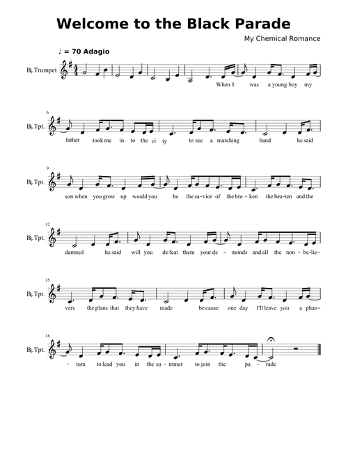 My Chemical Romance Welcome to the Black Parade - Trumpet Score