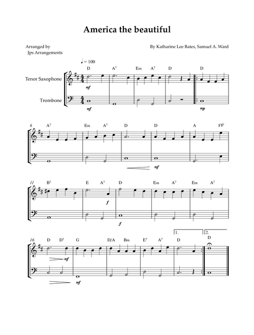 America The Beautiful - duet for Tenor Sax and Trombone (+CHORDS) (Arr. Jps Arrangements) - Samuel Ward (Instrumental Duet)