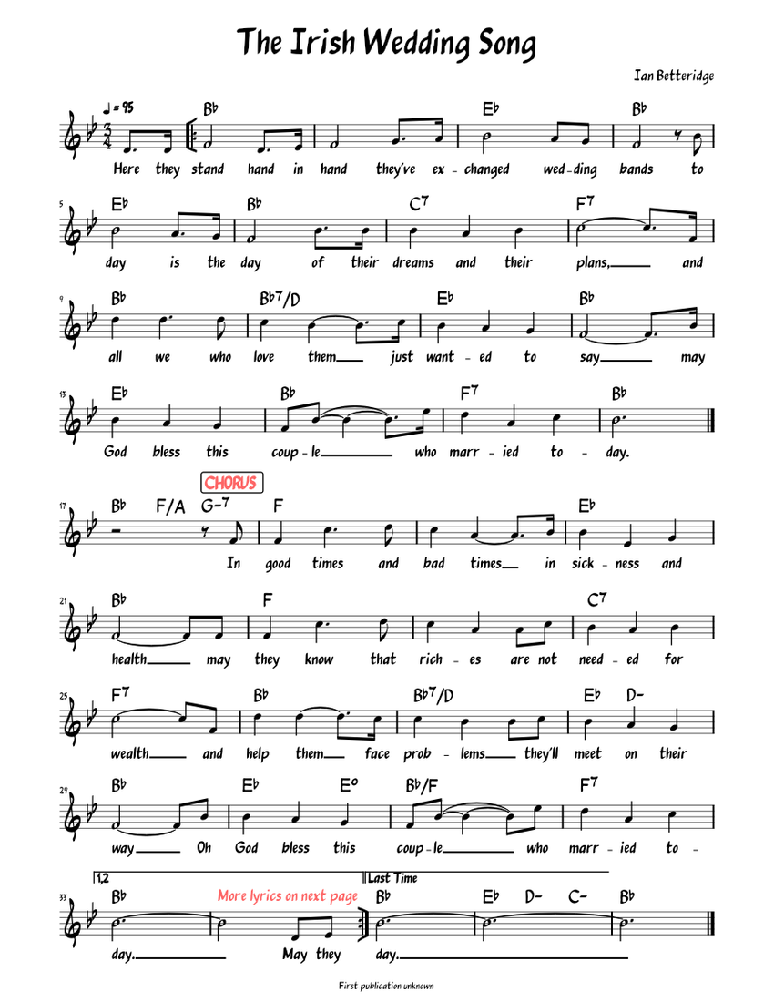 The Irish Wedding Song (Lead sheet with lyrics ) Sheet music for Piano