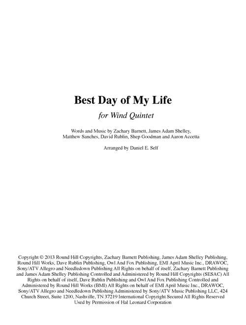 Best Day Of My Life (Arr. Daniel E. Self) - American Authors (Woodwind Ensemble)