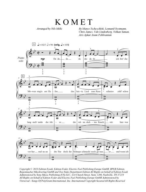 Komet (Arr. Nils Mille) - Udo Lindenberg X Apache 207 (Piano Solo)