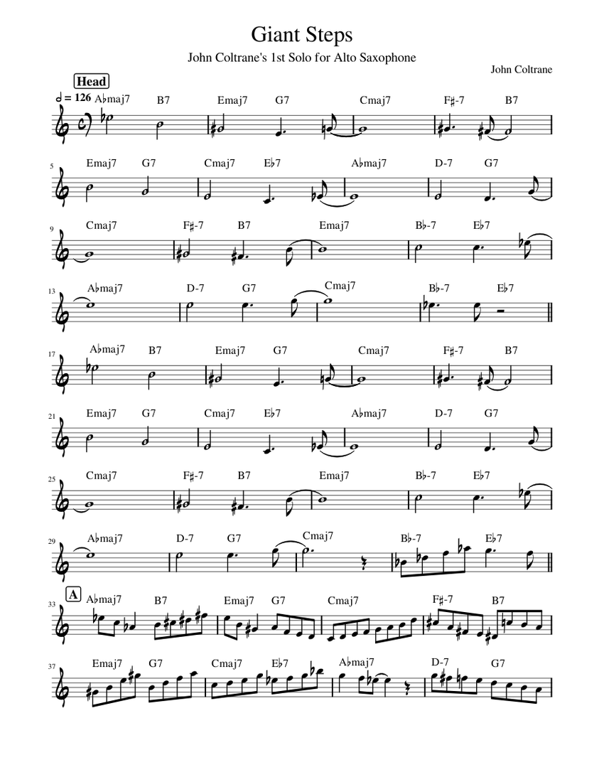 Giant Steps First Solo (Alto Sax) Sheet Music with Chords for Saxophone ...