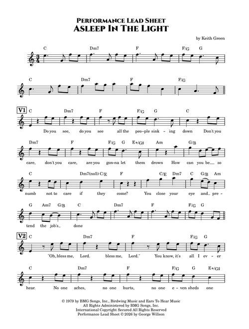 Asleep In The Light (Arr. George Willson) - Keith Green (Lead Sheet - Fake Book)