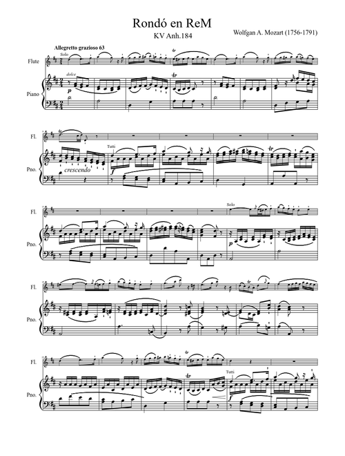Mozart - Rondó para flauta en ReM KV anh184. Piano