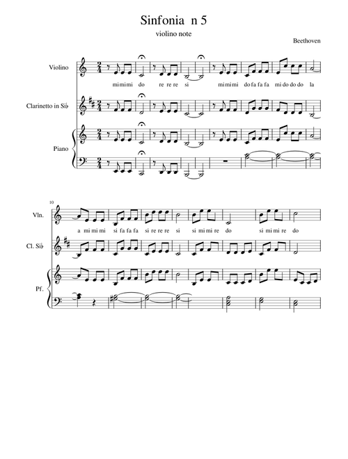 Sinfonia n 5 -violino note - clarinetto- piano